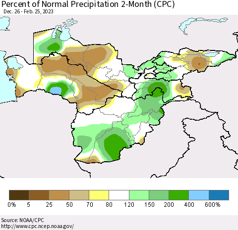 Central Asia Percent of Normal Precipitation 2-Month (CPC) Thematic Map For 12/26/2022 - 2/25/2023