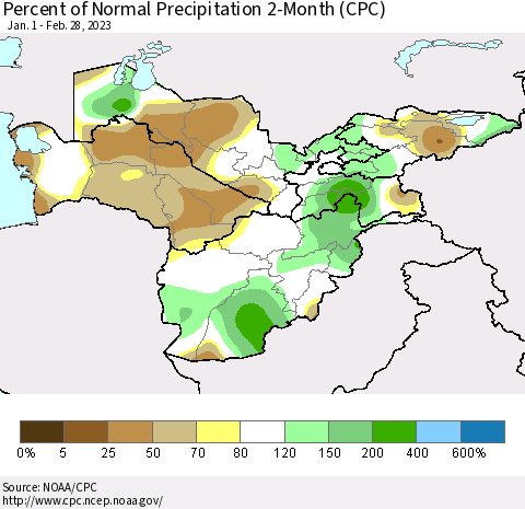 Central Asia Percent of Normal Precipitation 2-Month (CPC) Thematic Map For 1/1/2023 - 2/28/2023