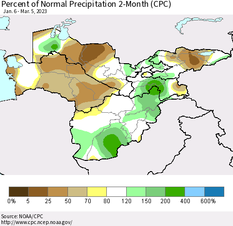 Central Asia Percent of Normal Precipitation 2-Month (CPC) Thematic Map For 1/6/2023 - 3/5/2023