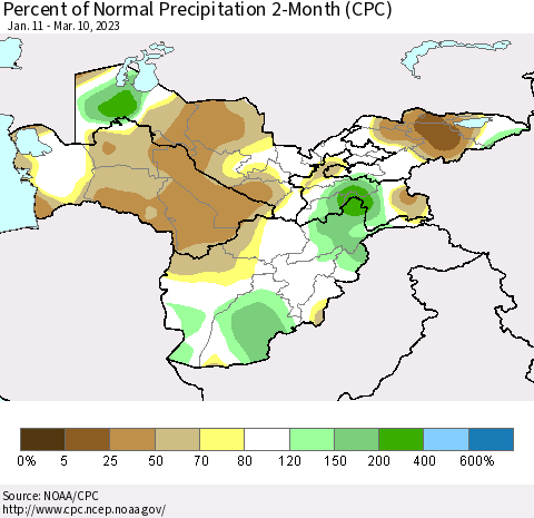 Central Asia Percent of Normal Precipitation 2-Month (CPC) Thematic Map For 1/11/2023 - 3/10/2023