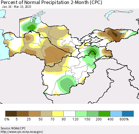 Central Asia Percent of Normal Precipitation 2-Month (CPC) Thematic Map For 1/16/2023 - 3/15/2023