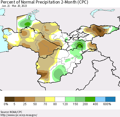 Central Asia Percent of Normal Precipitation 2-Month (CPC) Thematic Map For 1/21/2023 - 3/20/2023