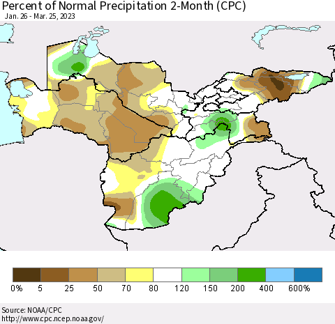Central Asia Percent of Normal Precipitation 2-Month (CPC) Thematic Map For 1/26/2023 - 3/25/2023
