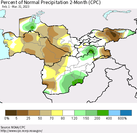 Central Asia Percent of Normal Precipitation 2-Month (CPC) Thematic Map For 2/1/2023 - 3/31/2023