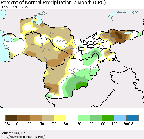 Central Asia Percent of Normal Precipitation 2-Month (CPC) Thematic Map For 2/6/2023 - 4/5/2023