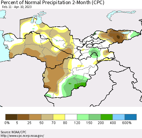 Central Asia Percent of Normal Precipitation 2-Month (CPC) Thematic Map For 2/11/2023 - 4/10/2023