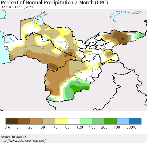 Central Asia Percent of Normal Precipitation 2-Month (CPC) Thematic Map For 2/16/2023 - 4/15/2023