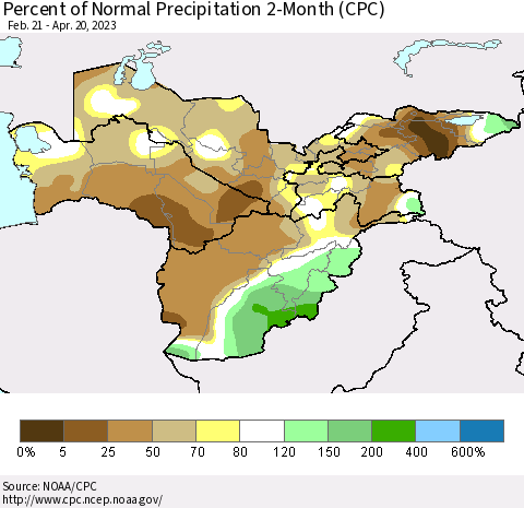 Central Asia Percent of Normal Precipitation 2-Month (CPC) Thematic Map For 2/21/2023 - 4/20/2023