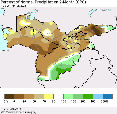 Central Asia Percent of Normal Precipitation 2-Month (CPC) Thematic Map For 2/26/2023 - 4/25/2023