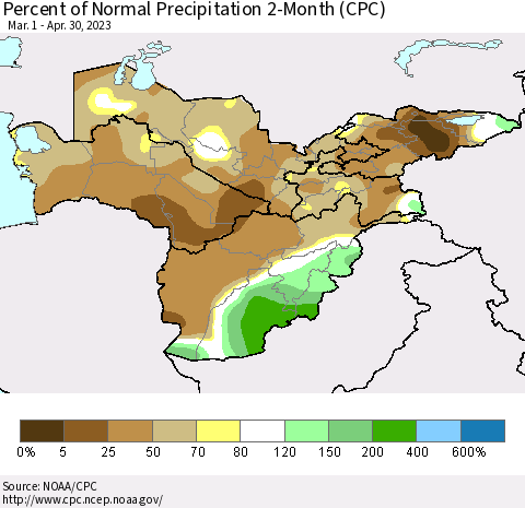 Central Asia Percent of Normal Precipitation 2-Month (CPC) Thematic Map For 3/1/2023 - 4/30/2023