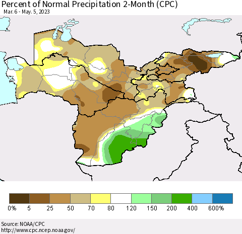 Central Asia Percent of Normal Precipitation 2-Month (CPC) Thematic Map For 3/6/2023 - 5/5/2023