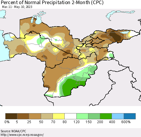 Central Asia Percent of Normal Precipitation 2-Month (CPC) Thematic Map For 3/11/2023 - 5/10/2023