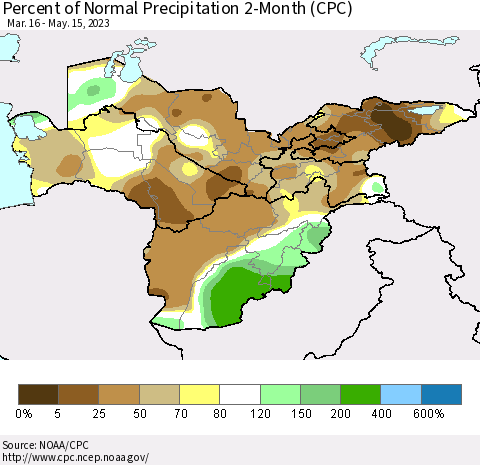Central Asia Percent of Normal Precipitation 2-Month (CPC) Thematic Map For 3/16/2023 - 5/15/2023