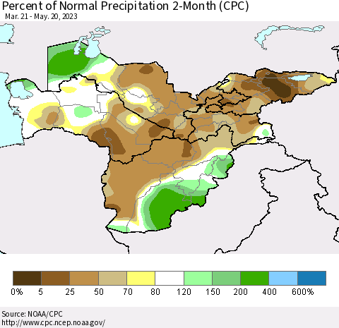Central Asia Percent of Normal Precipitation 2-Month (CPC) Thematic Map For 3/21/2023 - 5/20/2023