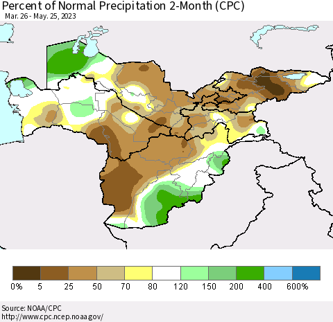 Central Asia Percent of Normal Precipitation 2-Month (CPC) Thematic Map For 3/26/2023 - 5/25/2023