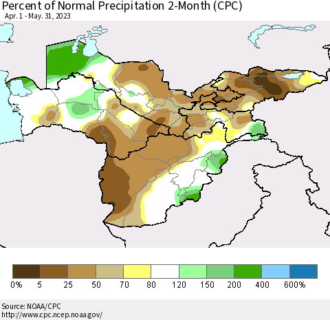 Central Asia Percent of Normal Precipitation 2-Month (CPC) Thematic Map For 4/1/2023 - 5/31/2023