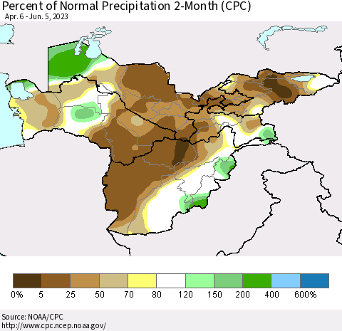 Central Asia Percent of Normal Precipitation 2-Month (CPC) Thematic Map For 4/6/2023 - 6/5/2023