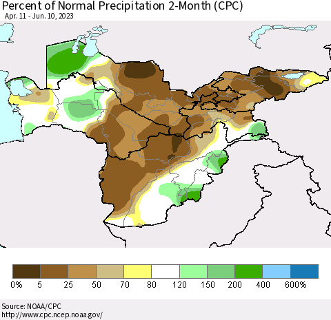 Central Asia Percent of Normal Precipitation 2-Month (CPC) Thematic Map For 4/11/2023 - 6/10/2023