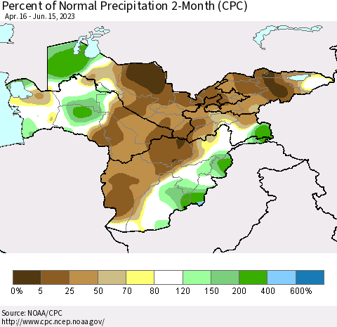 Central Asia Percent of Normal Precipitation 2-Month (CPC) Thematic Map For 4/16/2023 - 6/15/2023