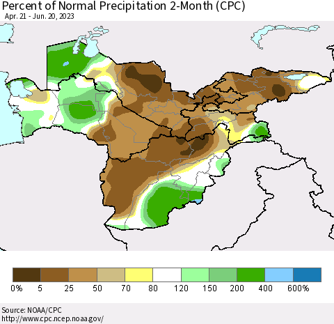 Central Asia Percent of Normal Precipitation 2-Month (CPC) Thematic Map For 4/21/2023 - 6/20/2023