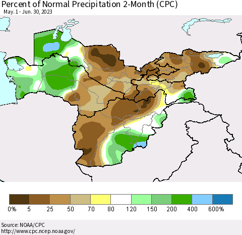 Central Asia Percent of Normal Precipitation 2-Month (CPC) Thematic Map For 5/1/2023 - 6/30/2023