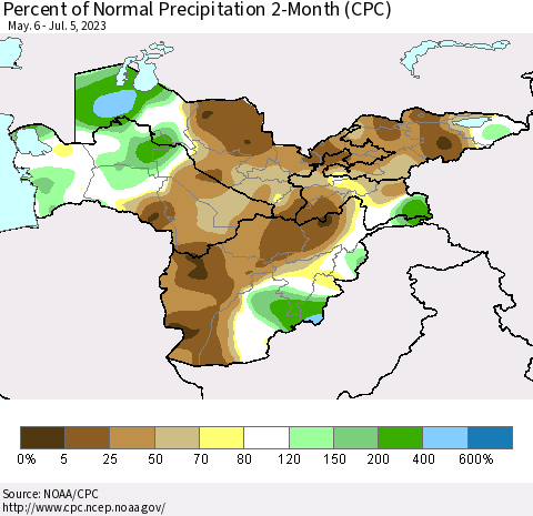 Central Asia Percent of Normal Precipitation 2-Month (CPC) Thematic Map For 5/6/2023 - 7/5/2023