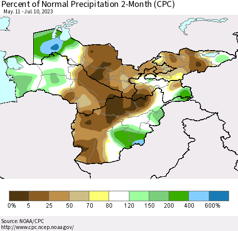 Central Asia Percent of Normal Precipitation 2-Month (CPC) Thematic Map For 5/11/2023 - 7/10/2023