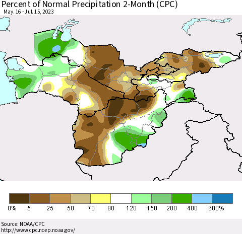 Central Asia Percent of Normal Precipitation 2-Month (CPC) Thematic Map For 5/16/2023 - 7/15/2023