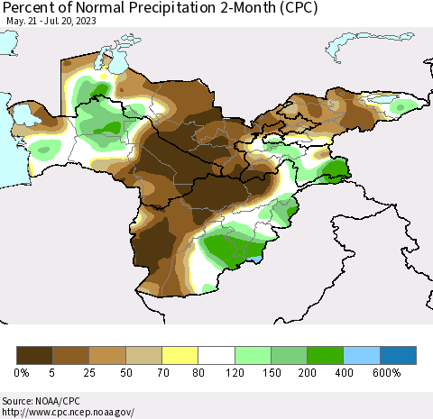 Central Asia Percent of Normal Precipitation 2-Month (CPC) Thematic Map For 5/21/2023 - 7/20/2023