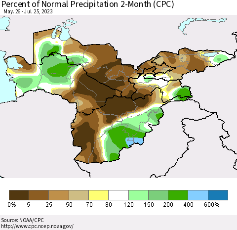 Central Asia Percent of Normal Precipitation 2-Month (CPC) Thematic Map For 5/26/2023 - 7/25/2023