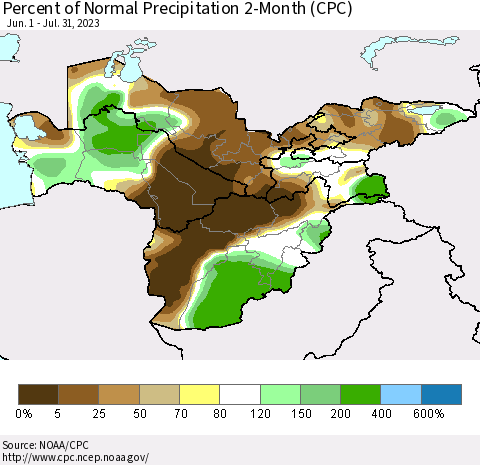 Central Asia Percent of Normal Precipitation 2-Month (CPC) Thematic Map For 6/1/2023 - 7/31/2023