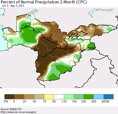 Central Asia Percent of Normal Precipitation 2-Month (CPC) Thematic Map For 6/6/2023 - 8/5/2023