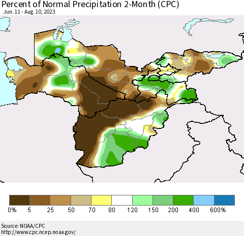 Central Asia Percent of Normal Precipitation 2-Month (CPC) Thematic Map For 6/11/2023 - 8/10/2023