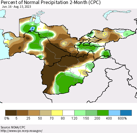 Central Asia Percent of Normal Precipitation 2-Month (CPC) Thematic Map For 6/16/2023 - 8/15/2023