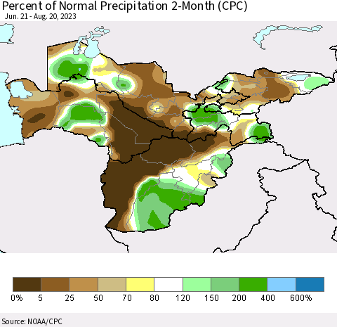 Central Asia Percent of Normal Precipitation 2-Month (CPC) Thematic Map For 6/21/2023 - 8/20/2023
