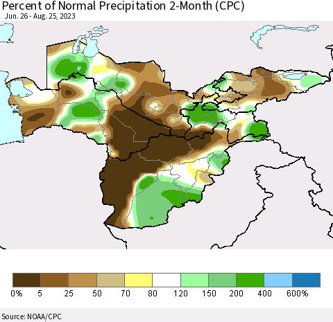 Central Asia Percent of Normal Precipitation 2-Month (CPC) Thematic Map For 6/26/2023 - 8/25/2023