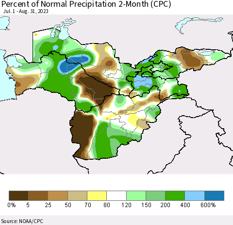 Central Asia Percent of Normal Precipitation 2-Month (CPC) Thematic Map For 7/1/2023 - 8/31/2023