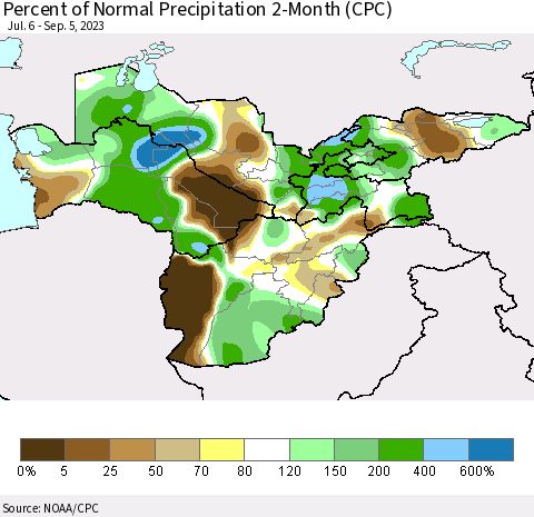 Central Asia Percent of Normal Precipitation 2-Month (CPC) Thematic Map For 7/6/2023 - 9/5/2023