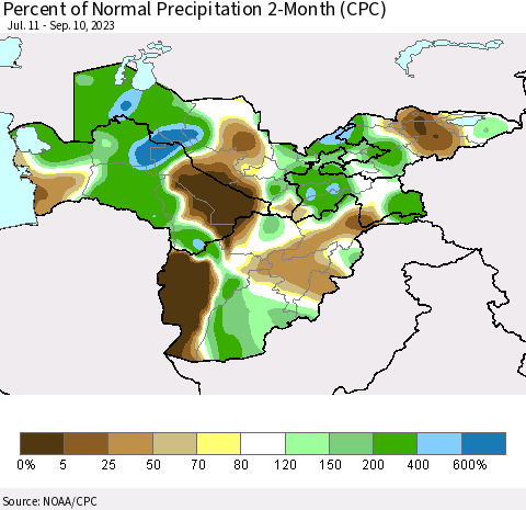 Central Asia Percent of Normal Precipitation 2-Month (CPC) Thematic Map For 7/11/2023 - 9/10/2023