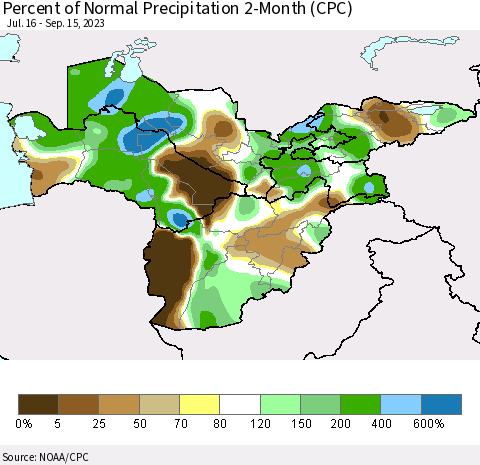 Central Asia Percent of Normal Precipitation 2-Month (CPC) Thematic Map For 7/16/2023 - 9/15/2023