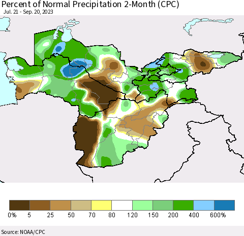 Central Asia Percent of Normal Precipitation 2-Month (CPC) Thematic Map For 7/21/2023 - 9/20/2023