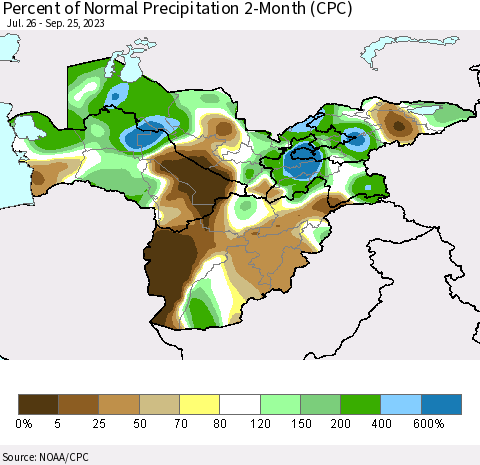 Central Asia Percent of Normal Precipitation 2-Month (CPC) Thematic Map For 7/26/2023 - 9/25/2023