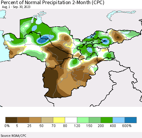Central Asia Percent of Normal Precipitation 2-Month (CPC) Thematic Map For 8/1/2023 - 9/30/2023