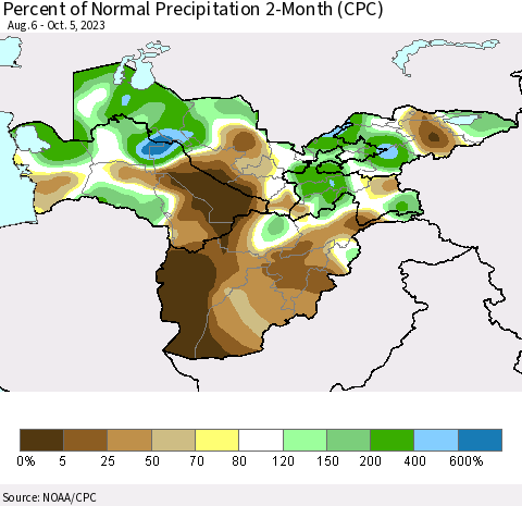 Central Asia Percent of Normal Precipitation 2-Month (CPC) Thematic Map For 8/6/2023 - 10/5/2023