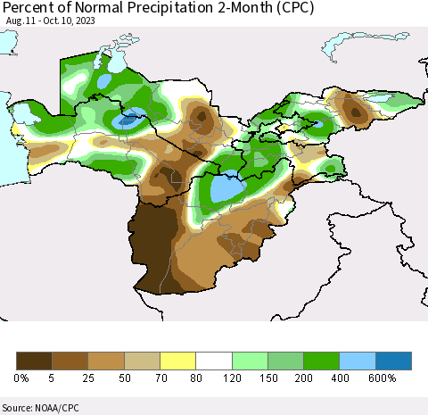 Central Asia Percent of Normal Precipitation 2-Month (CPC) Thematic Map For 8/11/2023 - 10/10/2023