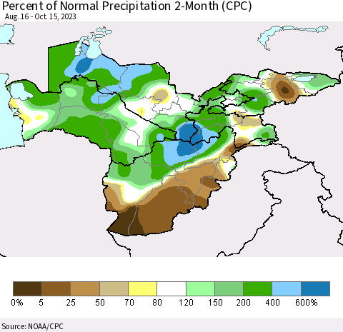 Central Asia Percent of Normal Precipitation 2-Month (CPC) Thematic Map For 8/16/2023 - 10/15/2023