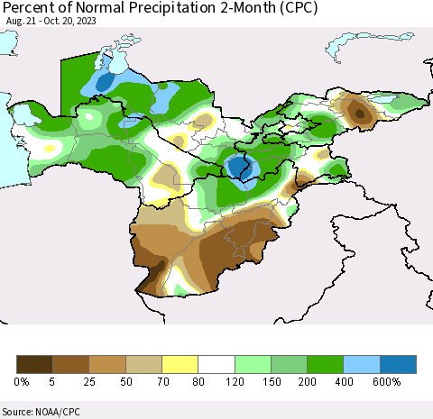 Central Asia Percent of Normal Precipitation 2-Month (CPC) Thematic Map For 8/21/2023 - 10/20/2023