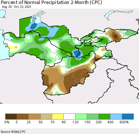 Central Asia Percent of Normal Precipitation 2-Month (CPC) Thematic Map For 8/26/2023 - 10/25/2023