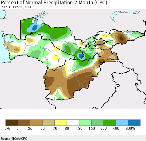 Central Asia Percent of Normal Precipitation 2-Month (CPC) Thematic Map For 9/1/2023 - 10/31/2023