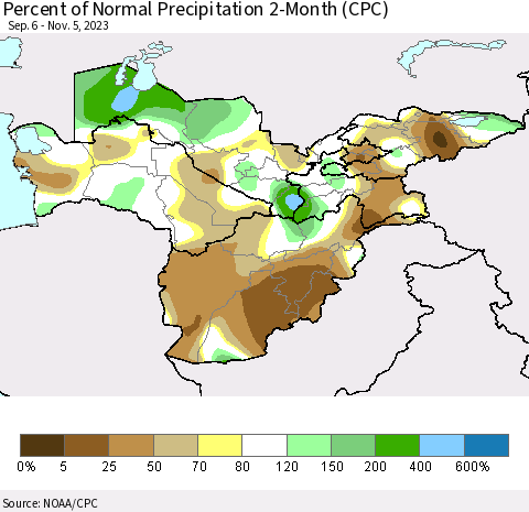 Central Asia Percent of Normal Precipitation 2-Month (CPC) Thematic Map For 9/6/2023 - 11/5/2023